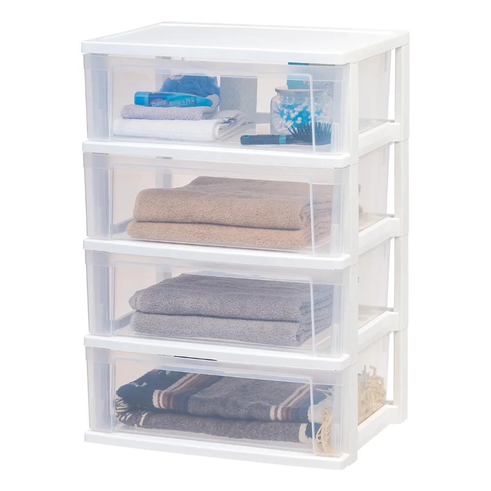 

4 Drawer Wide Plastic Storage Tower for Adult or Teen, White and Clear