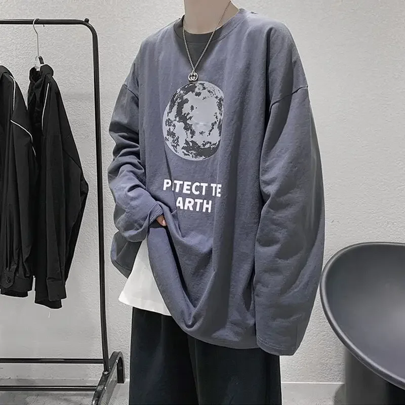 thumbnail image 1 of Camiseta de hombre con mangas, estilo moderno, holgada, capa base, estilo Hong Kong, marca de moda, versión coreana, ropa versátil para estudiantes, 1 of 5