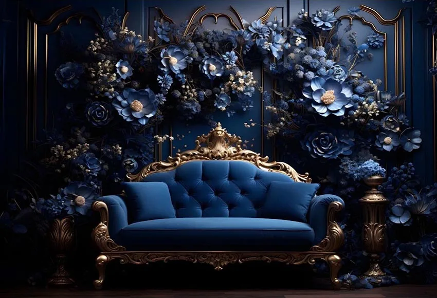 Luksusowa niebieska barokowa pokój urodziny dla dorosłych dekoracja portretu macierzyńskiego w stylu Mehofond zdjęcie tła Studio