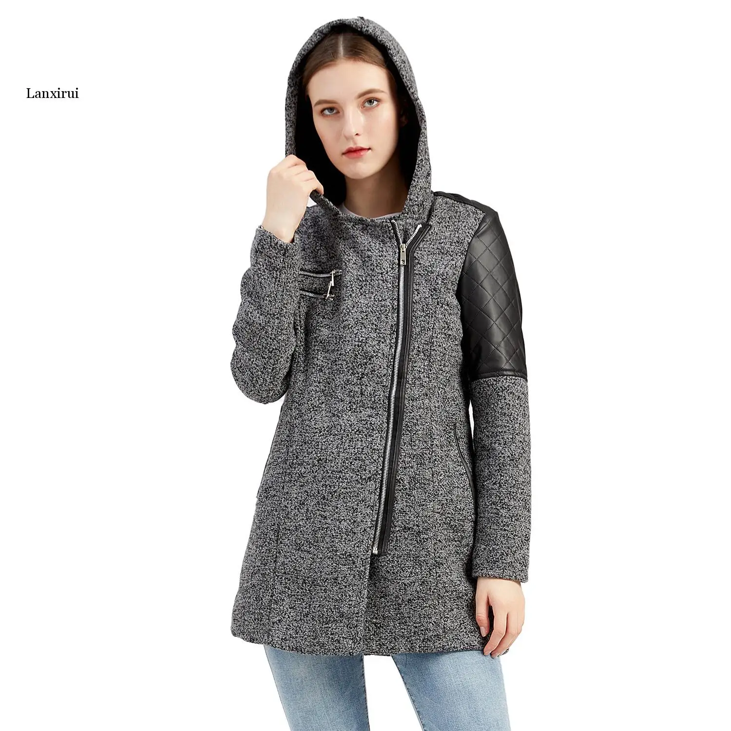 

Women's Autumn and Winter Hooded Woolen Coat European Size Warm Coat