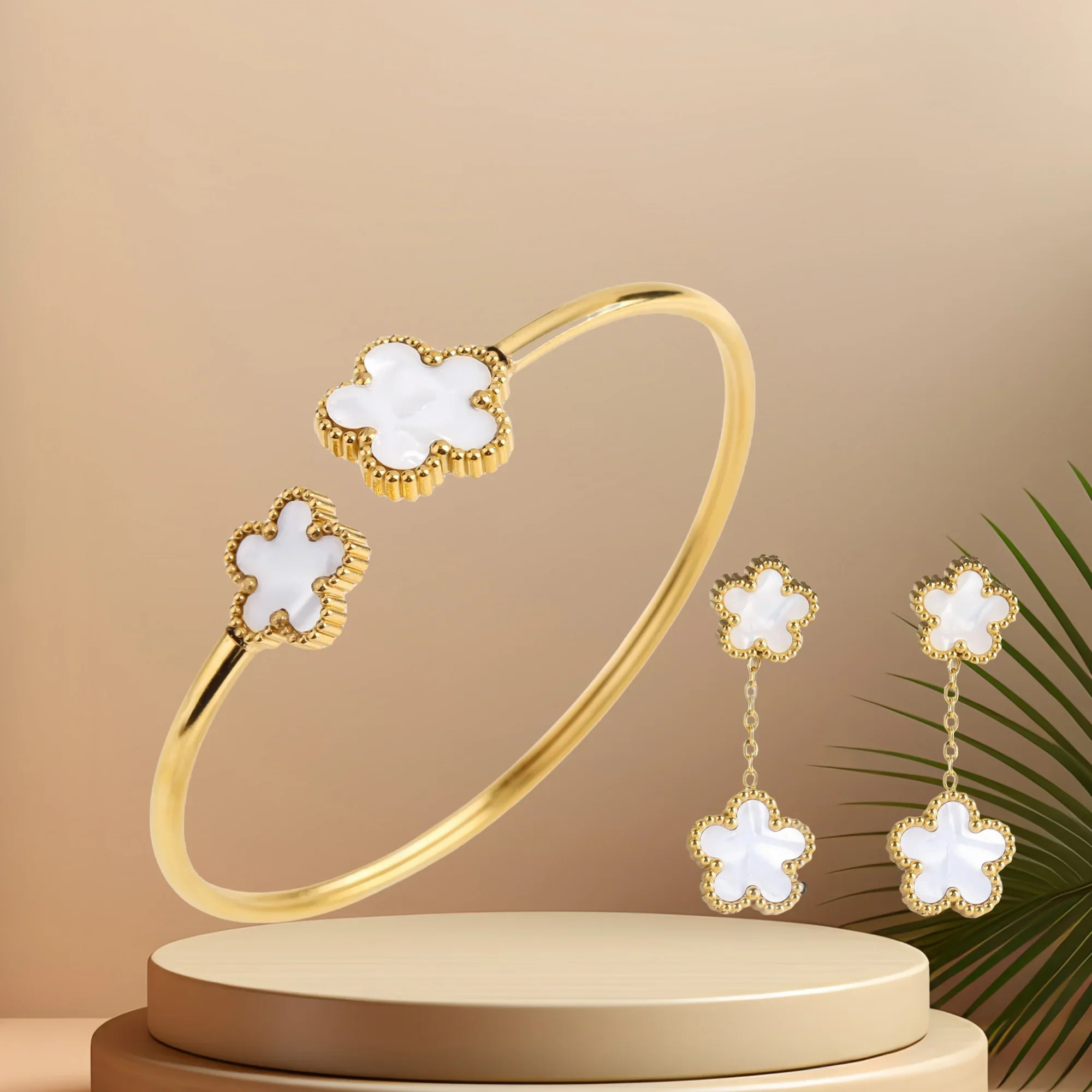 Stainless steel 7 color five-leaf grass bracelet Earring Jewelry Set High quality women's classic everyday party jewelry Clover 2
