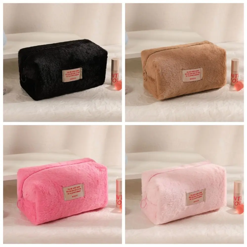 

Solid Color Plush Pencil Case Washing Pouch Portable Kawaii Stationery Bag Soft and Fuzzy Large Capacity Storage Bags Women