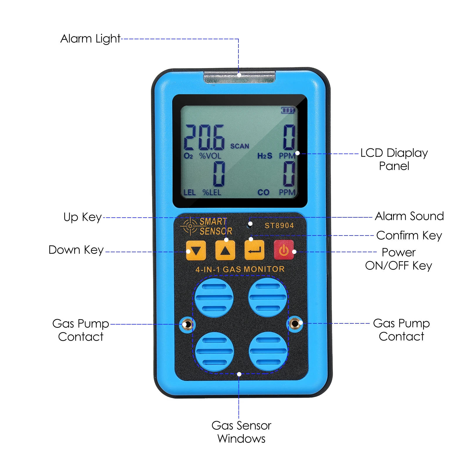 SMART SENSOR ST8904 Monitor gas 4 in 1 CO H2S O2 LEL Misurazione accurata Suono Luce Allarme vibrazione Rilevatore di gas retroilluminato - immagine 2