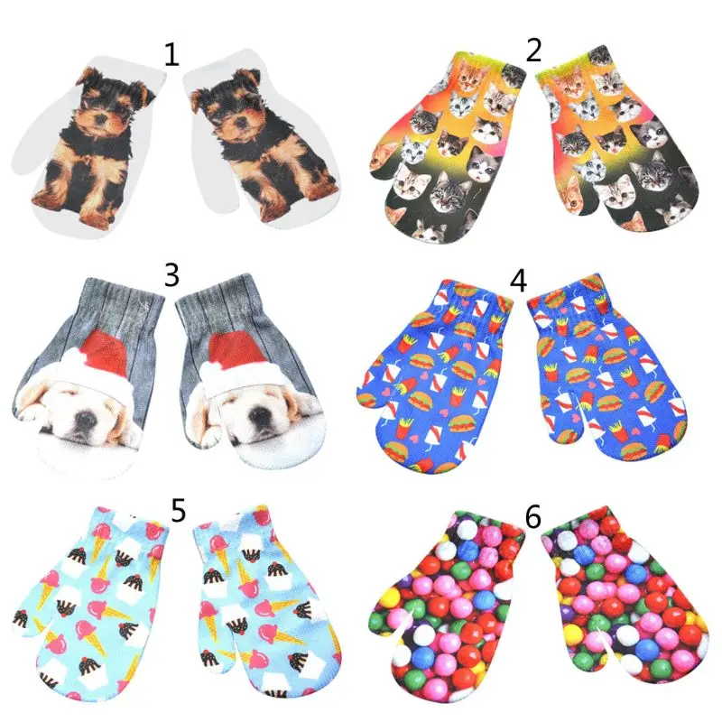 

Girls Winter Gloves Cartoon Cat Head Pattern Warm Thick Gloves Knit Mittens Furry Cuff Gloves with Plush Lining for Girl