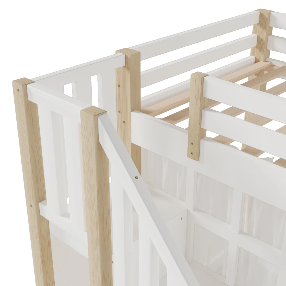 90x200cm Kinderzimmer-Hochbett, mit LED-Leuchten und Gaze, Fensterform, offenes Aufbewahrungsfach, Weiß + Natur (ohne Matratze) – Detail 18