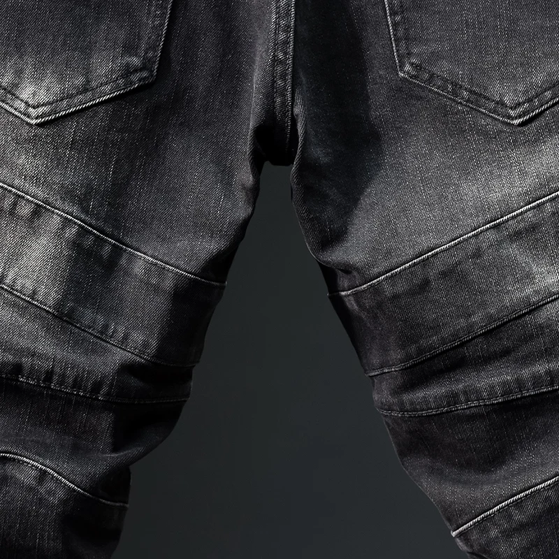 Motorcycle Jeans Men's Fashion Street Stitching Design High-End Quality Trendy Casual All-Matching Skinny Pencil Trousers