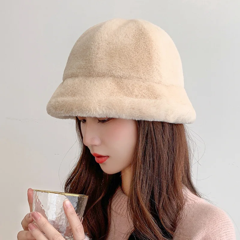 

Plush Fisherman's Hat Women's Autumn and Winter Hat Show Small Face Versatile Cute Bucket Cap Keep Warm in Winter