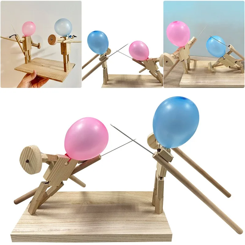 Balloon Bamboo Man Battle Handmade Woodbots Wooden Fencing Puppets Wooden  Bots Battle Game for 2 Players With 20 balloons