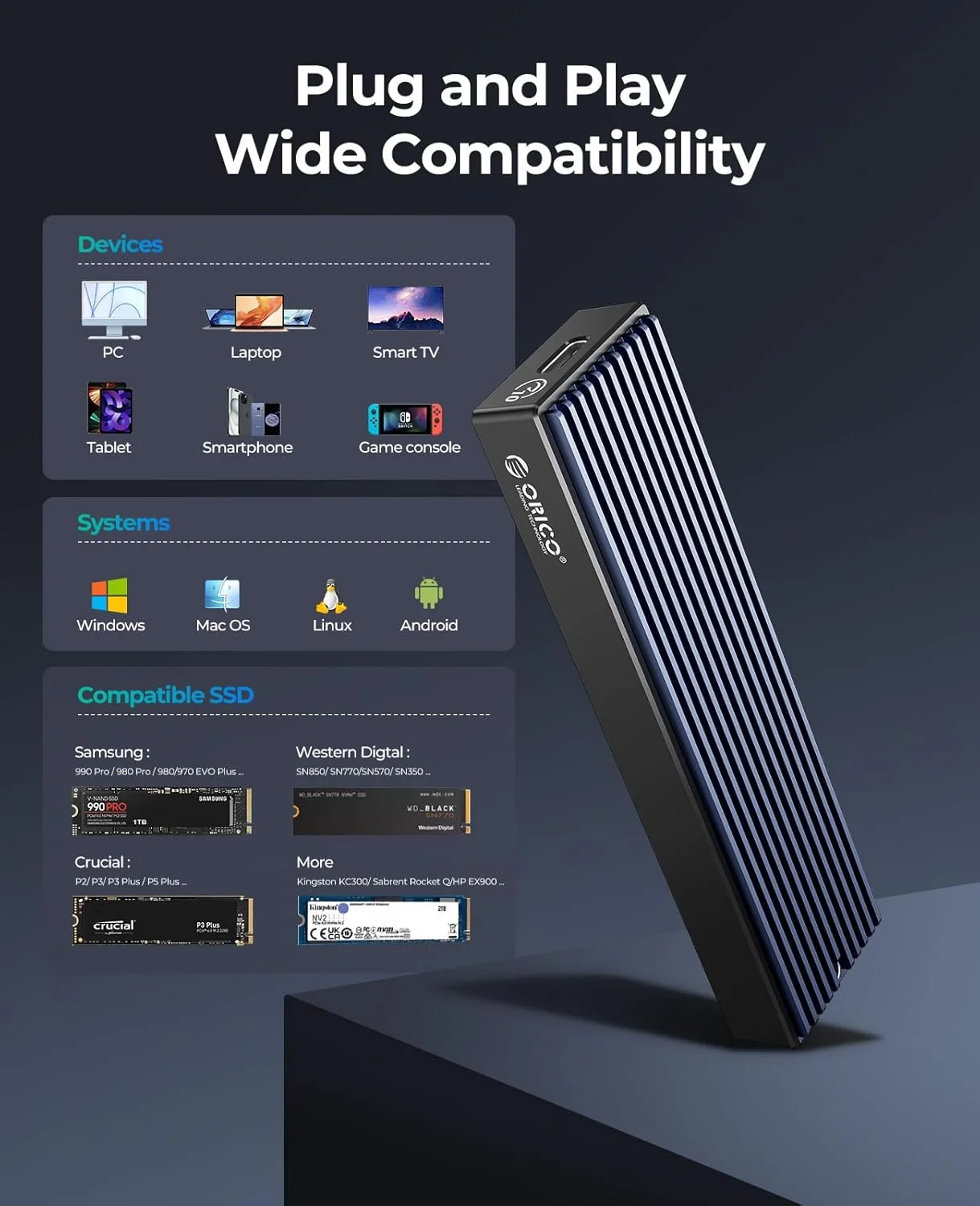 ORICO M.2 NVMe SSD 인클로저, USB 3.1 Gen 2 (10 Gbps) PCIe 외장 어댑터 NVMe 케이스 (2230/2242/2260/2280 M.2 SSD 최대 8TB 지원)