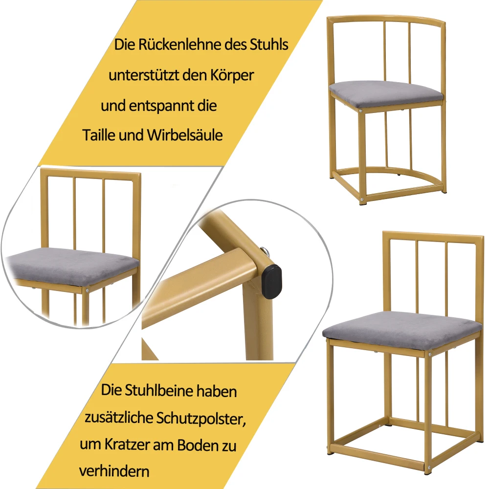 Stilvolles Modernes 6-Sitzer Esstisch- und Stuhlset, Weißer Tisch mit Grauen Gepolsterten Stühlen und Goldenem Eisenrahmen – Detail 13