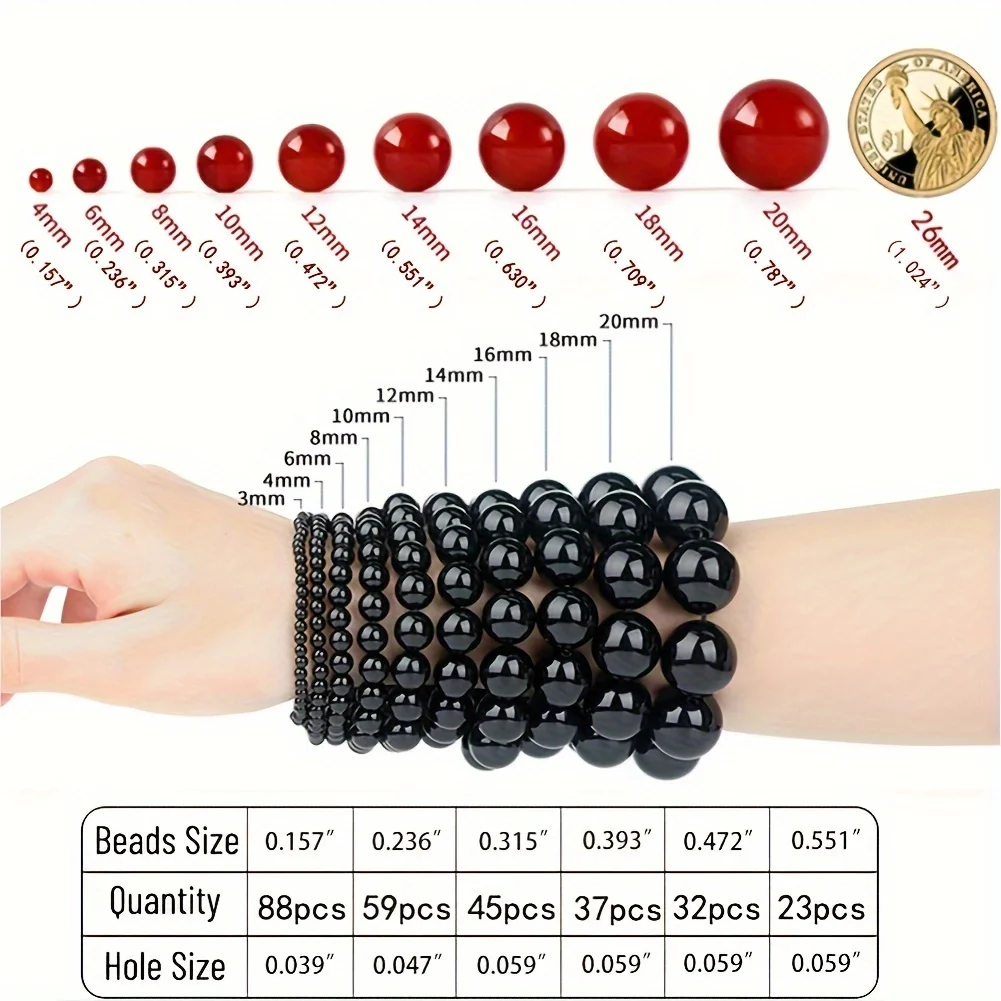 Smooth Black Agate Natural Stone Beads for Jewelry Making – Round Loose Beads for DIY Bracelets & Necklaces, 15-inch Strand