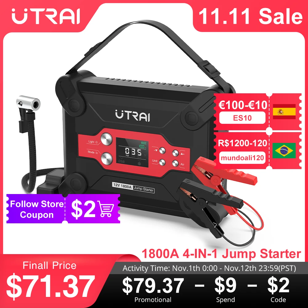 Utrai Jump Starter 4 In 1 Air Compressor 1800a 24000mah Power Bank