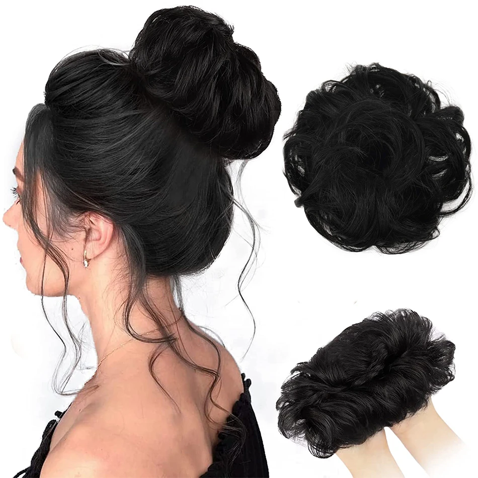 Human Hair Buns Chignon Messy Wavy Bun Wrap On Nautal Black Hair Pieces
