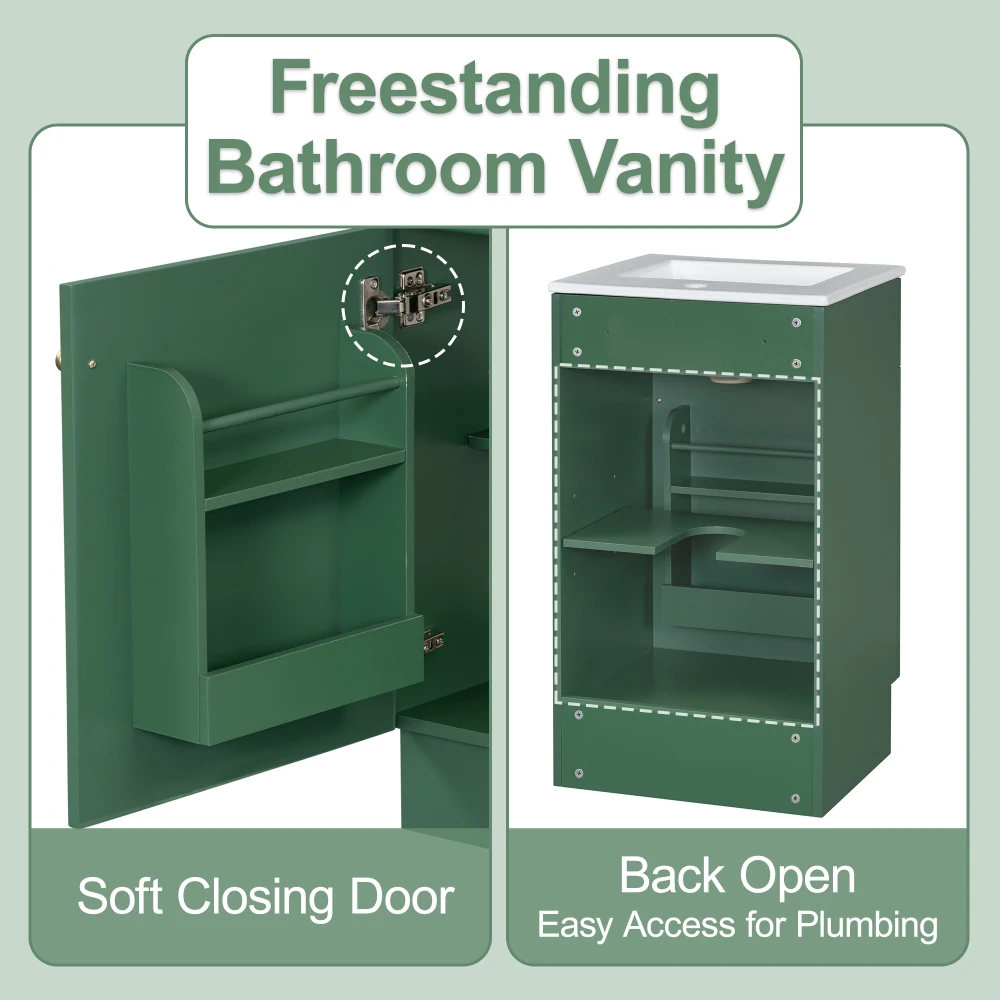 18" Bathroom Vanity With Sink, Vanity Cabinet With Door Shelf And Adjustable Shelf, Green 5