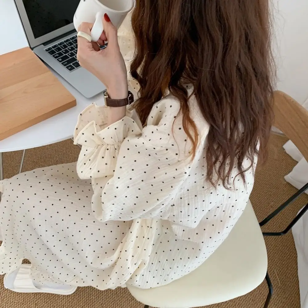 Women Nightgowns Sweet Lace Cotton Long Sleeve Loungewear