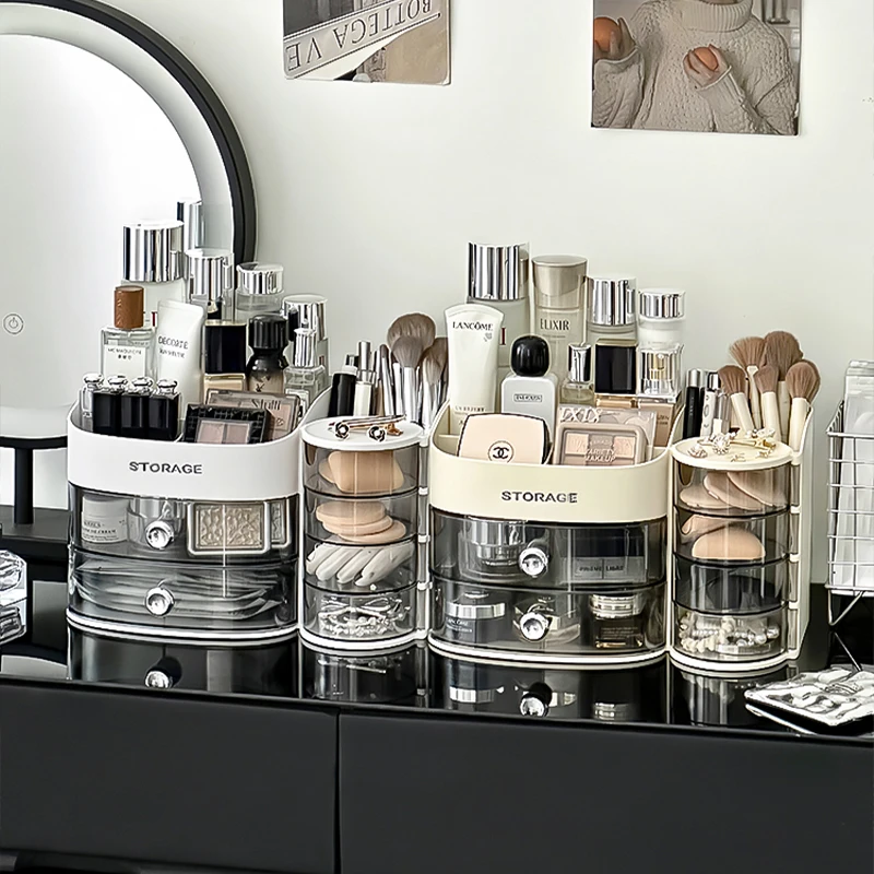 Rotating Makeup Organizer with Drawer Plastic Cosmetic Storage Box with Divider for Desktop Compact Travel Makeup Case for Women 5