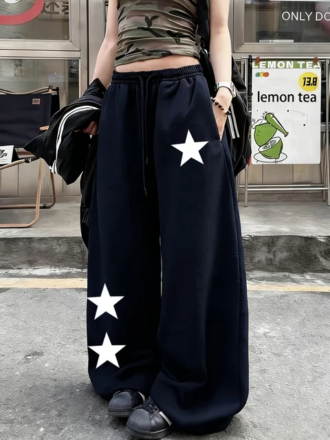 Women's Autumn and Winter Plus-size Star Print Loose Straight Fleece Leg Sweatpants Trendy Streetwear Stylish Versatile