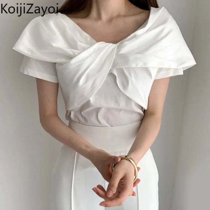 

Koijizayoi Women Elegant V-neck Blouse Solid Color Slim Slim Flying Sleeve Shirt Summer Chic Korean Blouses Outwear Tops 2022