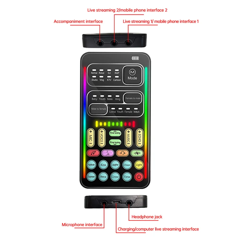 A42Z-I9 Voice Changer Full Kit Multiple Audio Effect Bluetooth Live Sound Cards Ultra-Thin Portable Live Sound Card Mic Tool