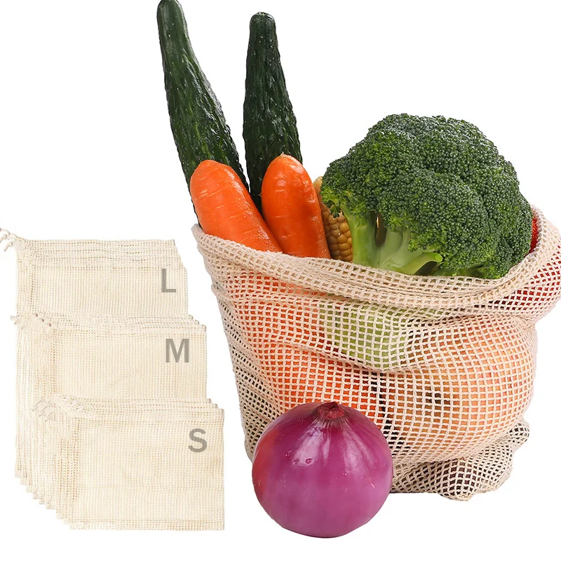 Reusable Cotton Mesh Produce Bags with Drawstring for Fruits and Vegetables Storage
