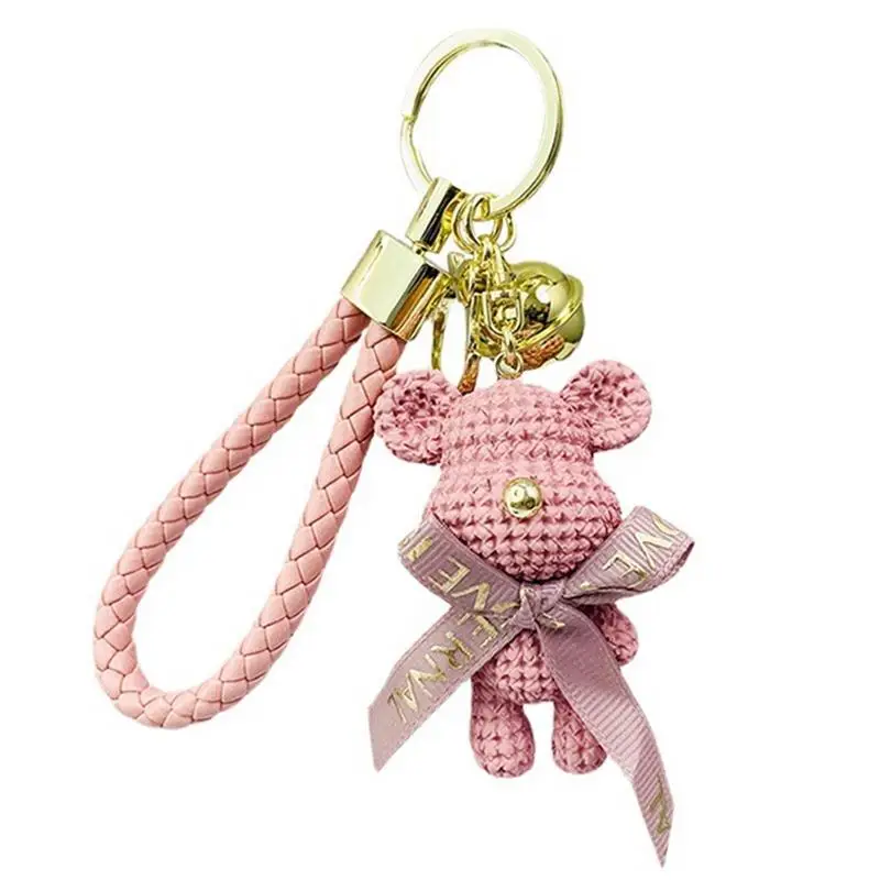 

Cartoon Resin Bear Key Chain Bow Bell Bear Keychain Weaving Fashion Doll Bag Pendant Holiday Car Key Ring For Girls Gift