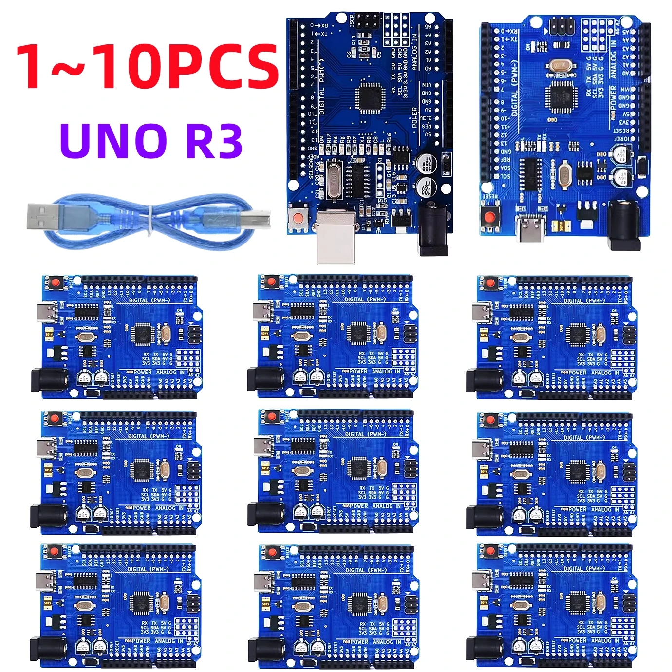 1-10PCS UNO R3 CH340G MEGA328P Chip UNO R3 + USB/TYPE-C/MICRO Kabel ATMEGA328P-AU Entwicklungsboard 16Mhz