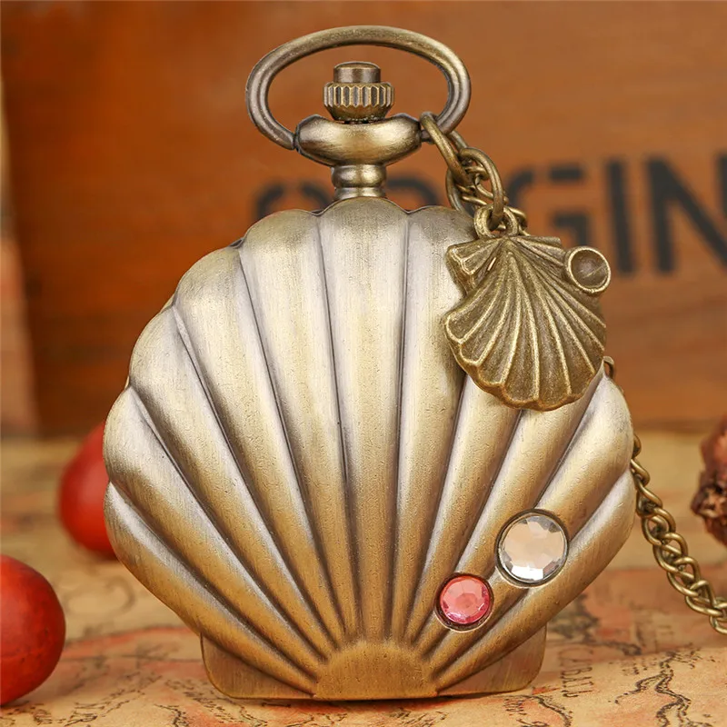 

Steampunk Shell Pocket Watch Full Hunter Quartz Movement Sweater Necklace Chain Arabic Number Display Retro Timepiece Clock