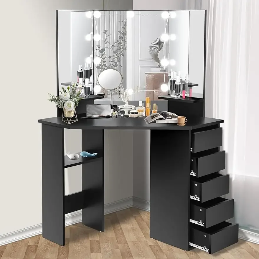 

Vanity Desk with Mirror and Lights,Makeup Corner Vanity with 5 Storage Drawers Shelves and 3 Dimmable Lighting Options and Stool