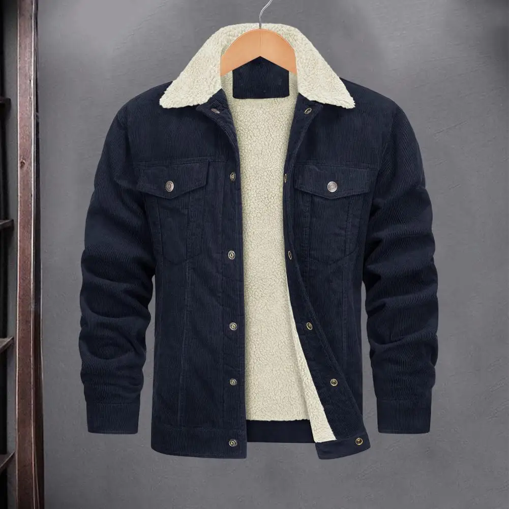 

Single-breasted Corduroy Jacket Cozy Lapel Single-breasted Men's Winter Jacket with Plush Lining Loose Fit Convenient for A