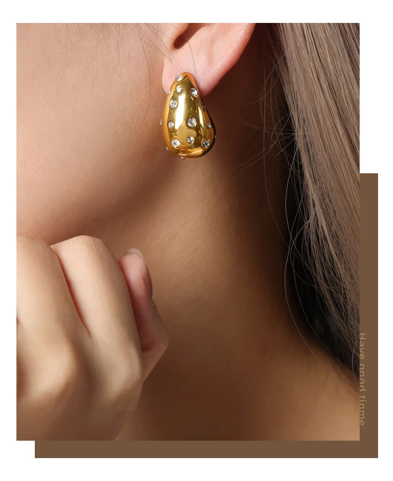 Wassertropfen-Ohrringe für Damen, luxuriös, Edelstahl, vergoldet, Zirkon-Ohrringe, Zubehör, wasserdichter Schmuck – Detail 4