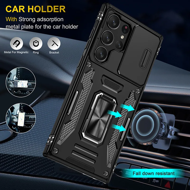 Rotating Slide Camera Lens Military Grade Armor Case with Ring Stand