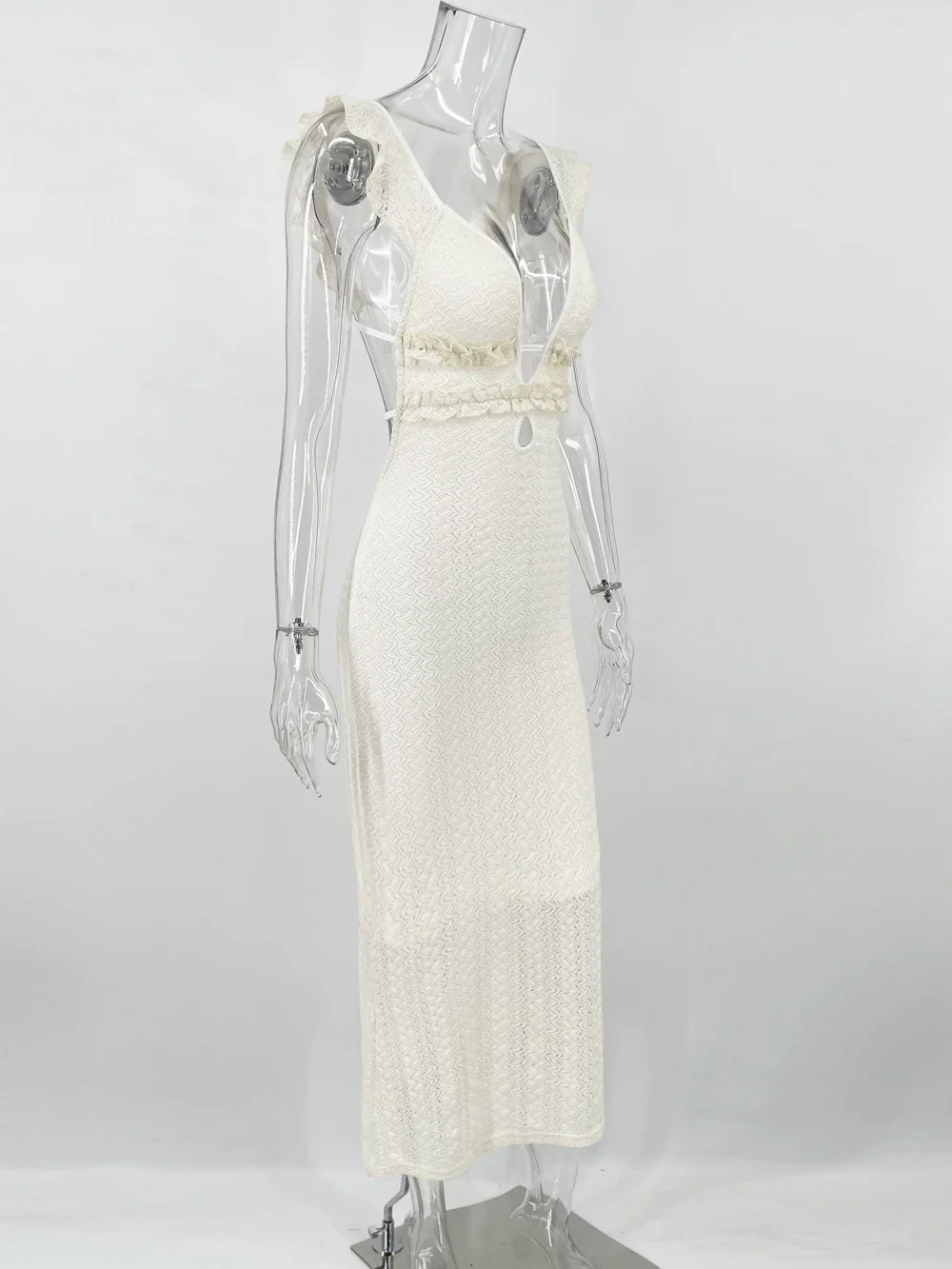 Knit V-Neck Fashion Maxi Dress Women's Slim High Waist See-Through Patchwork Bandage Backless Dress Female Knitwear Dress