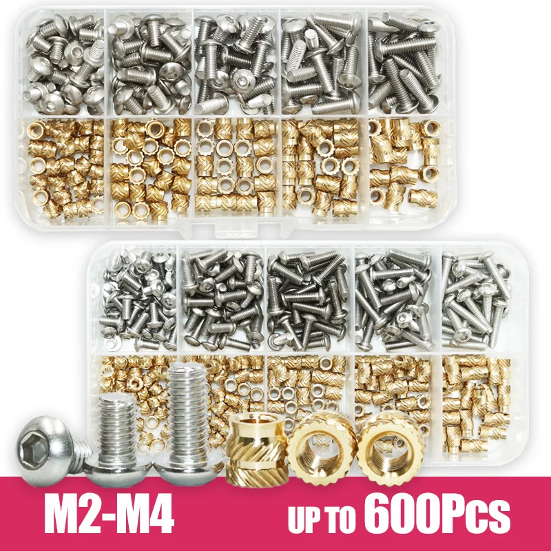 Hex Socket Screw 304 Stainless Steel Brass Insert Nut Set M2 M2.5 M3 M4 Thread Knurled Embedment Injection Nuts 3D Printing