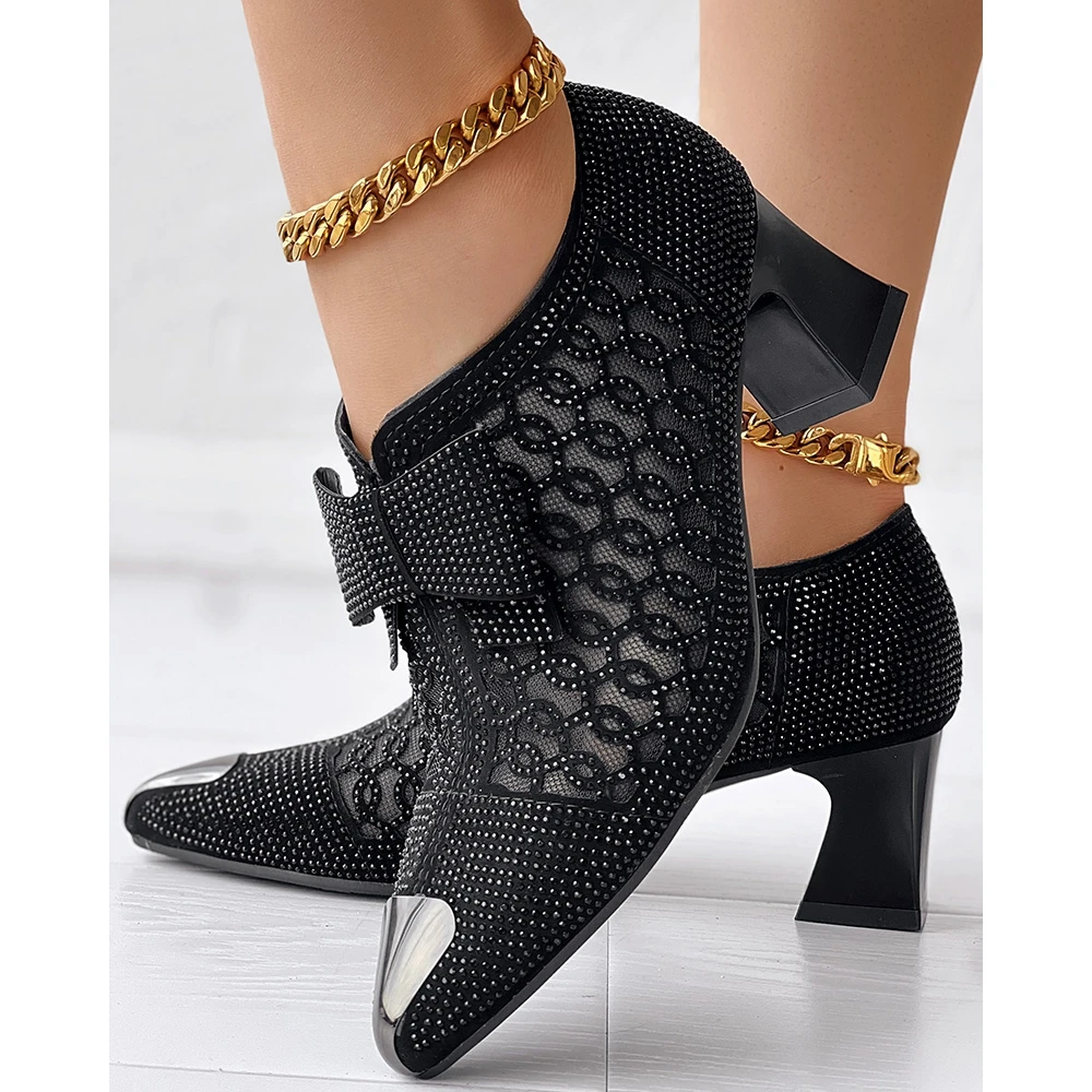 2023 Fashion Women Autumn Rhinestone Bowknot Decor Chunky Heels Femme Pointed Side Zip Ankle Boots Party Workwear Shoes Korean
