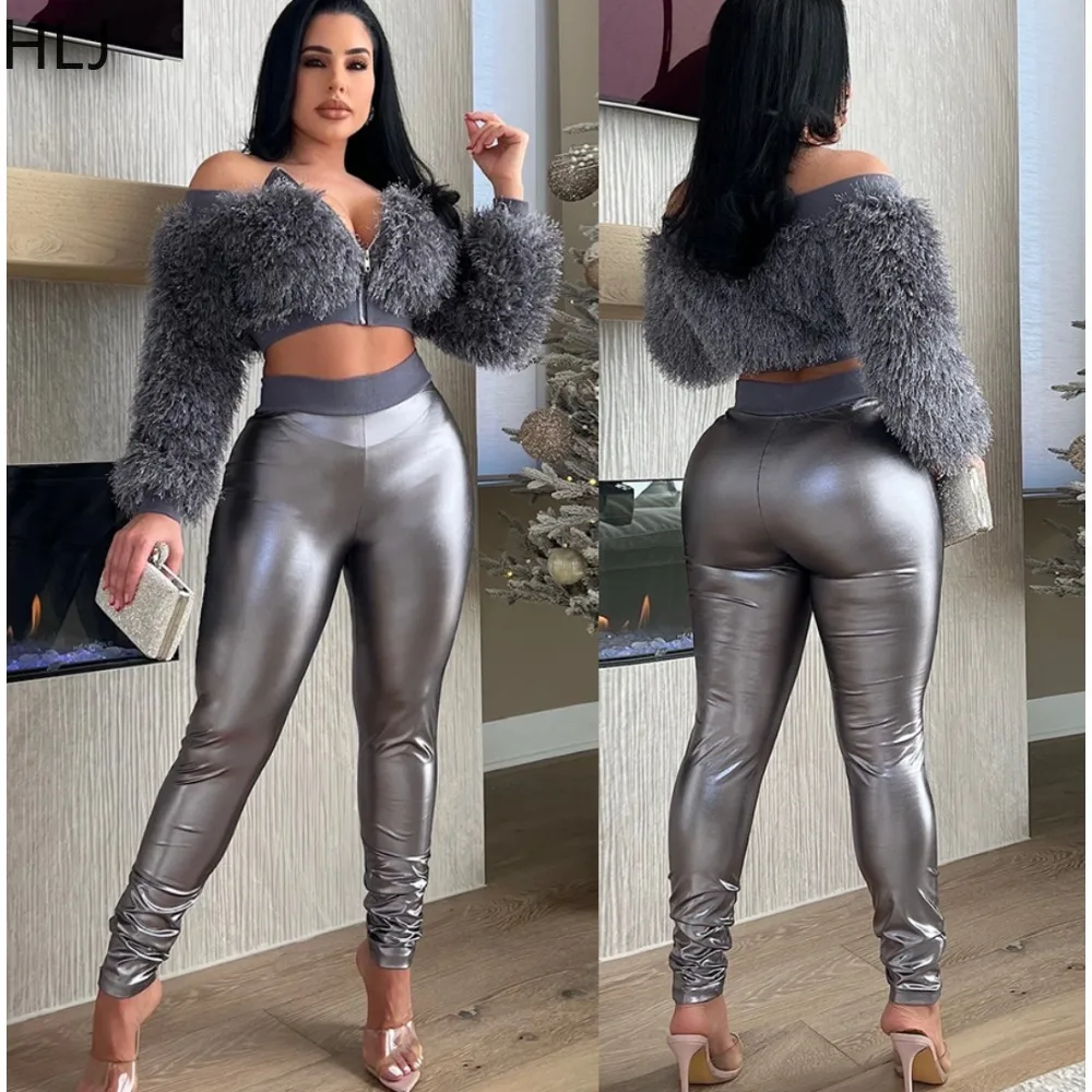 HLJ Fashion Streetwear Women Off Shoulder Zip Long Sleeve Fur Crop Coat And Skinny Pants Outfits Female Party Club 2pcs Clothing
