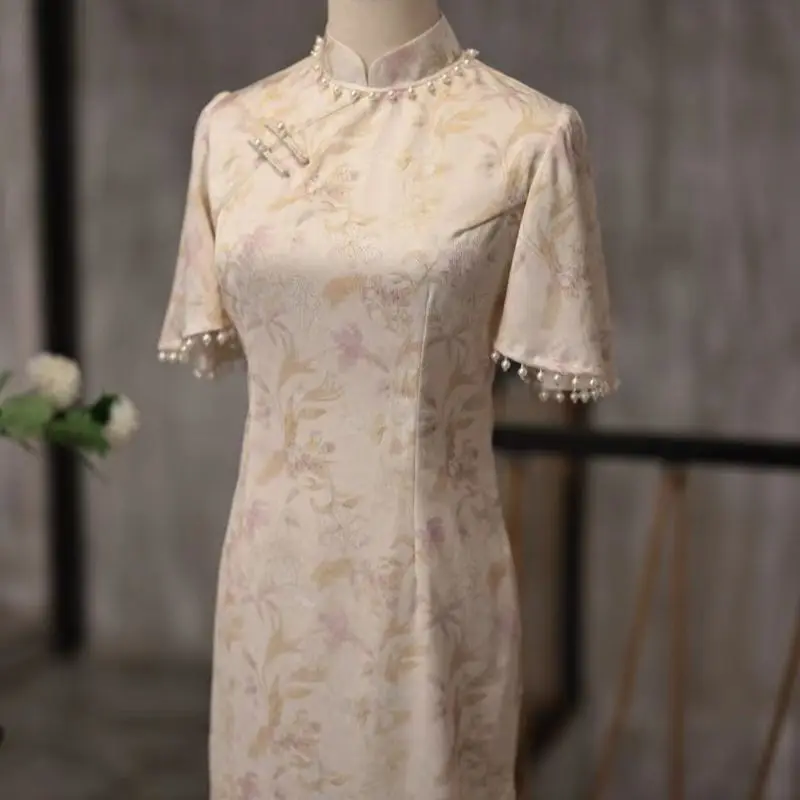 

2023 New Cheongsam Women Girls Temperament Young Style Retro Medium Length Modified Lace Dress Vintage Dress Qipao