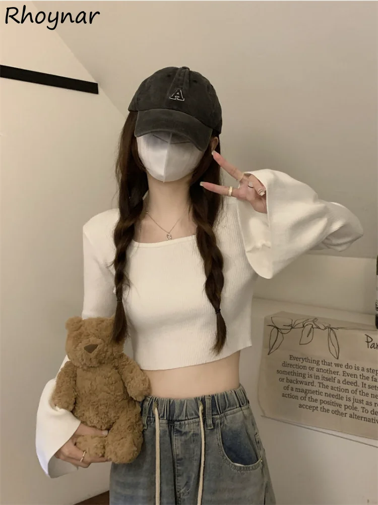 

Flare Sleeve Pullovers Women Slim Vintage Gentle Cozy Bandage Spring Crop Aesthetic Square Collar Office Lady Sweaters Pure Chic