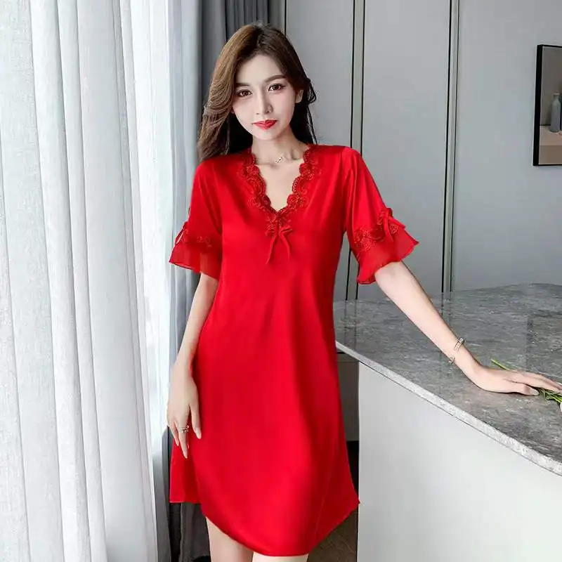Ladies Sexy Pajamas Silk Embroidered Bow Nightdress Spring Summer Ice Silk Thin Solid Color Comfortable Homewear