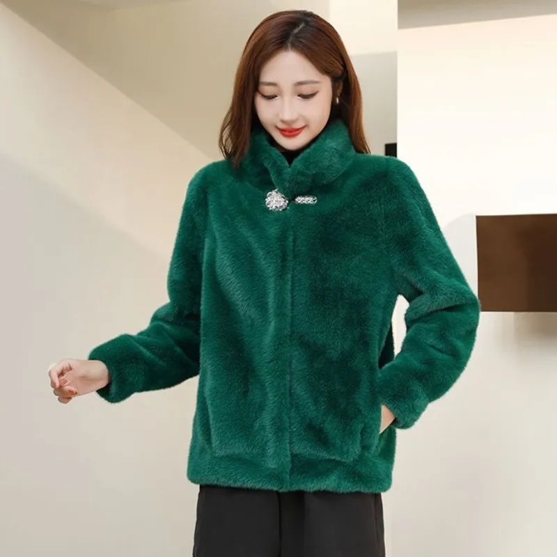 2023 New Middle-Aged Women Artificial Mink-Fur Outer Fashion casual Short Imitation Fur Outwear Thicken Warm Stand Collar Parkas