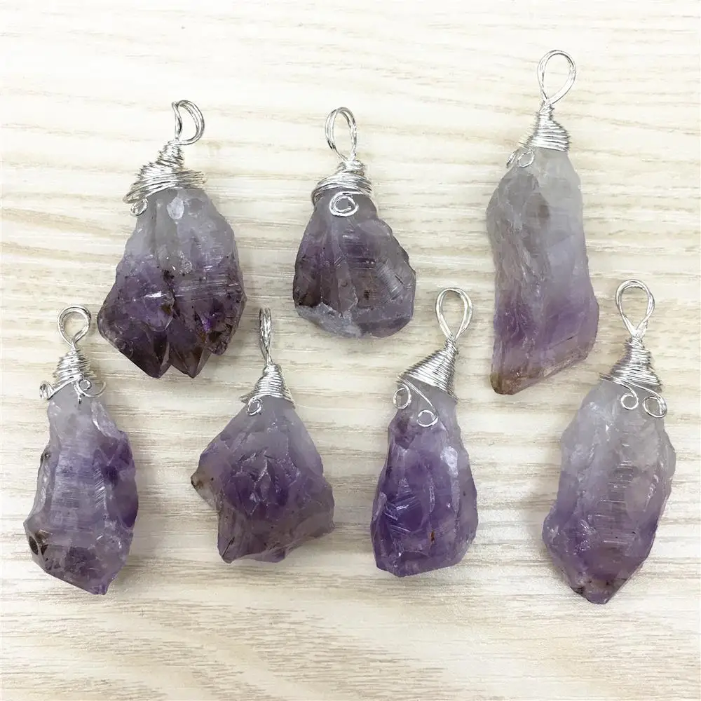 New Fashion Natural Stone Raw Ore Amethysts Silvers Pendant&Necklace Wire Winding Purple Crystal Stone Pendants 6pcs Wholesale
