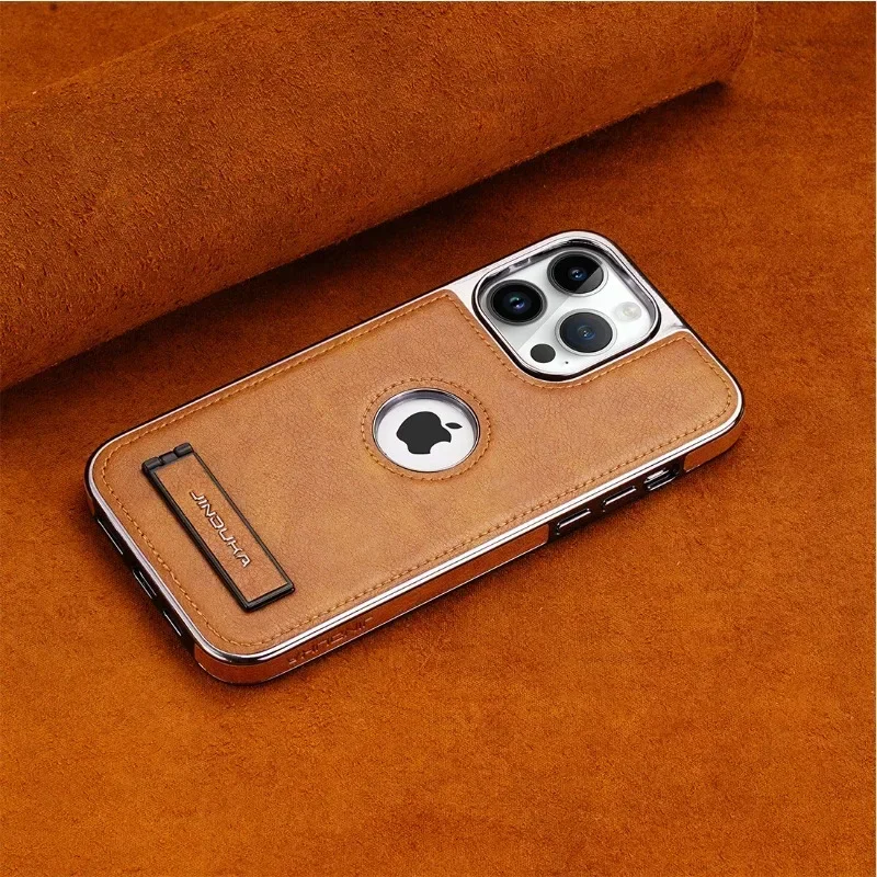 Sleek Electroplated Bezel Phone Case with Invisible Fold Stand and Ultra-Thin PU Leather Cover