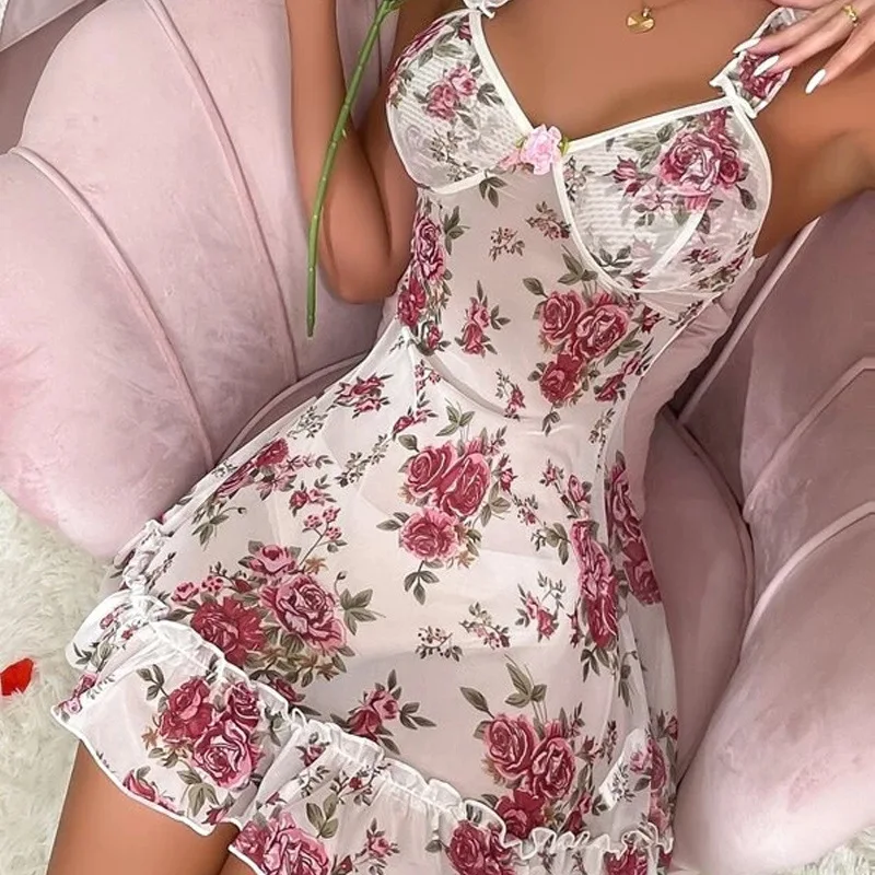 

Sleeveless Floral Nightgowns Women Transparent Sleep Dress Lace Sexy Nightdress See Though Night Wears Female Nightie Pajamas