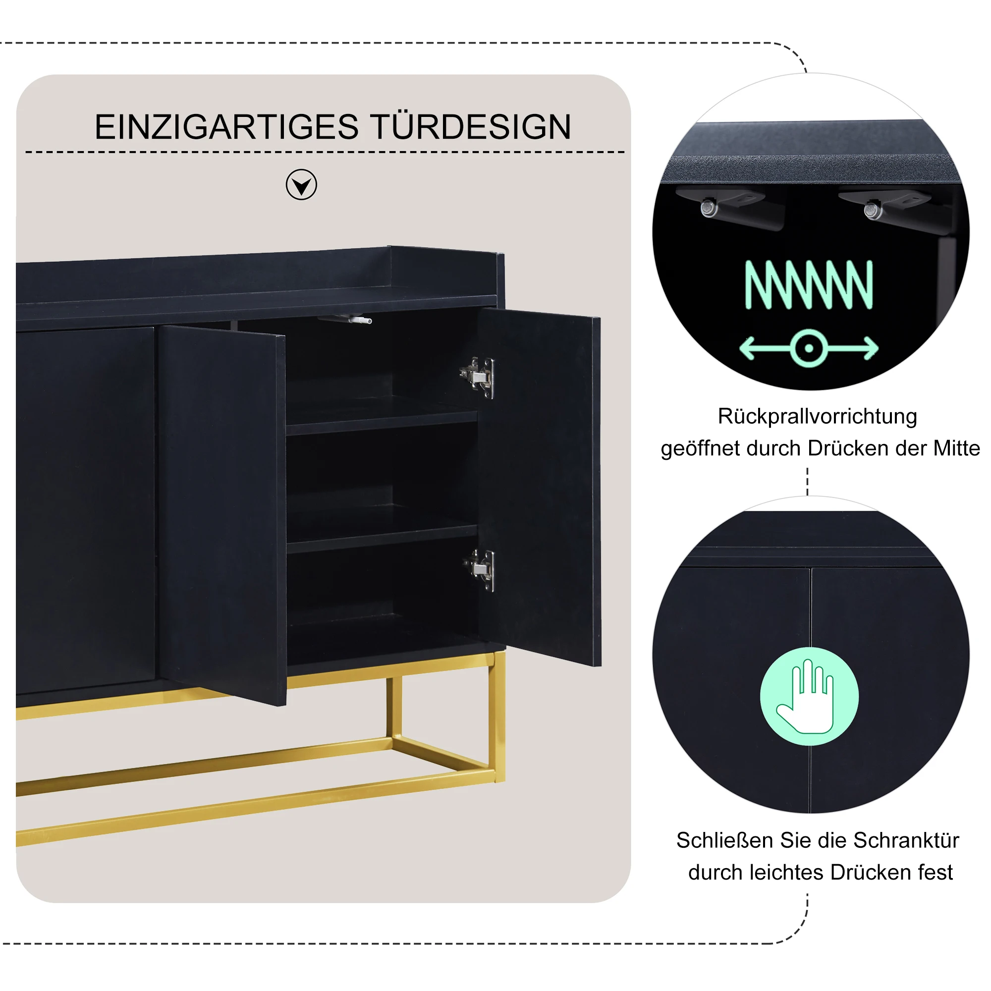 Elegantes modernes Sideboard – Aufbewahrungsschrank mit 4 Schubladen, Metallbodenregal, Kleiderschrank mit goldenem Sockel für Wohnzimmer, Esszimmer, Eingangsbereich – Detail 1