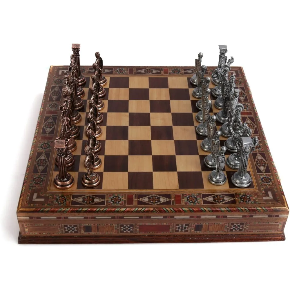 Antique Copper Metal Chess Set for Adults,Handmade Pieces and Natural Solid Wooden Chess Board with Storage Inside King 3.35inc