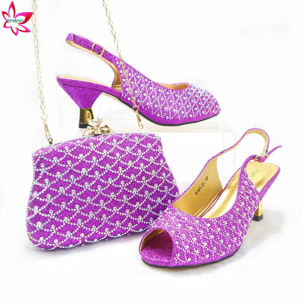 

2023 Spring Summer New Arrivals Italian Women Shoes and Bag Set in Purple Color Peep Toe Pumps with Shinning Crystal for Party