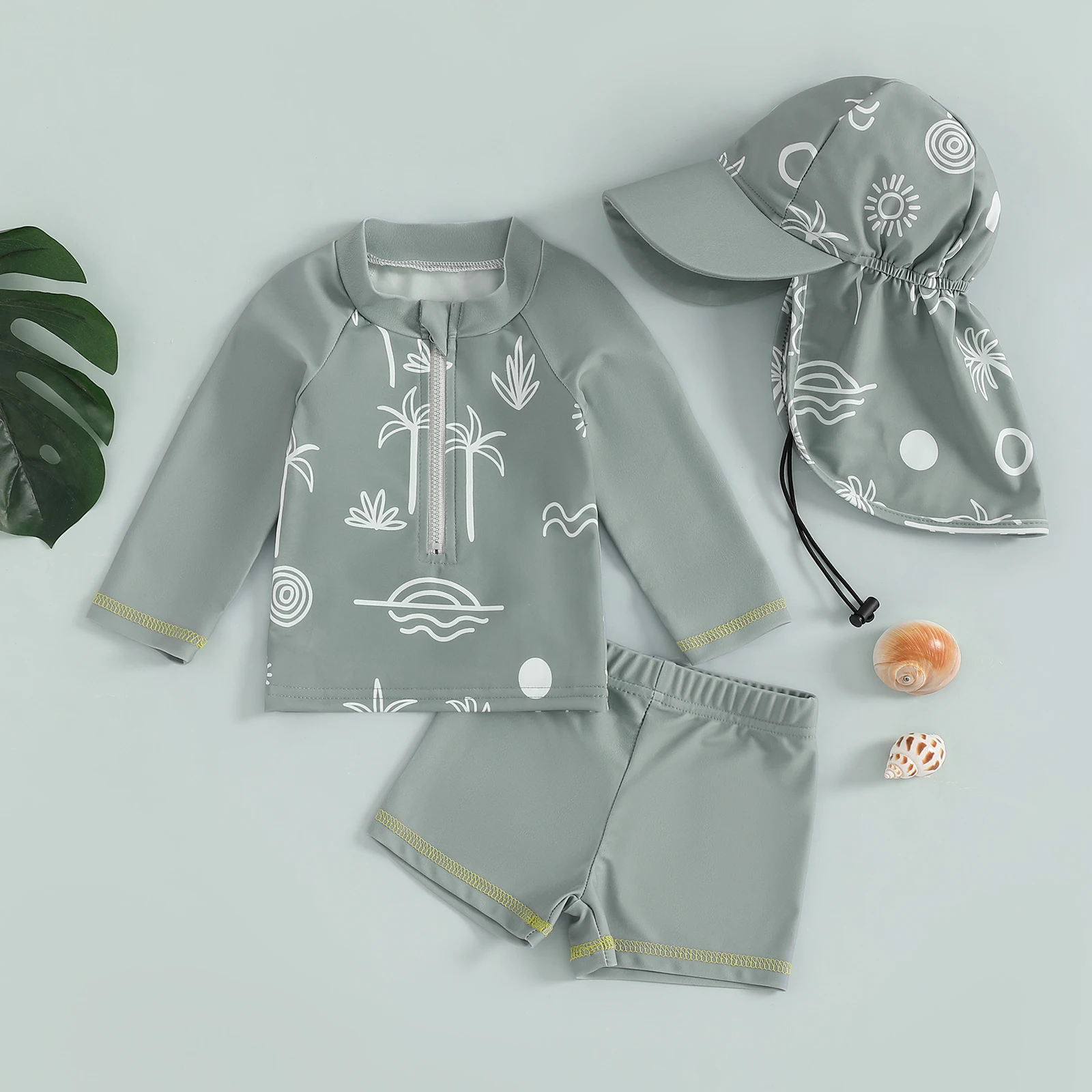 MISOWMNJOY Summer Children Boys Swimming Suit Fashion Rash Guard Swimsuit Tree Print Long Sleeve Zipper Tops with Shorts Hat Set