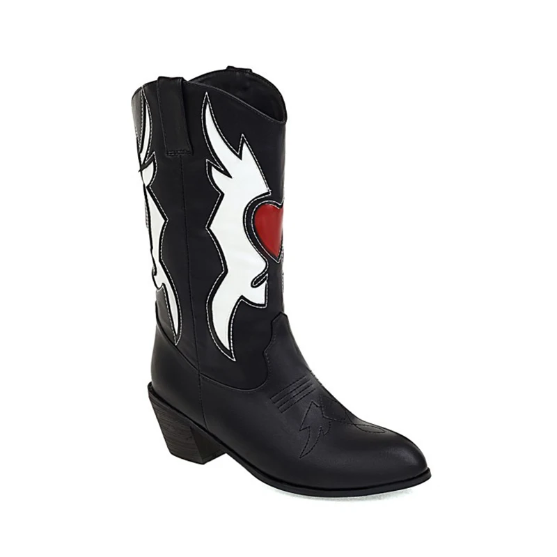 

FEMALEAN Western Cowboy Boots Black Heart High Heels Elegant Vintage Calf Big Size 39 Pointed Toe Shoes On Offer Free Shipping