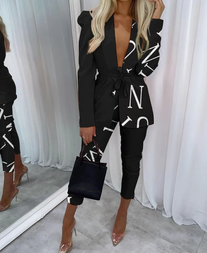 Fashionable Girl Shawl Collar Tie Long Sleeved Front Lapel Suit Pants Set In Stock