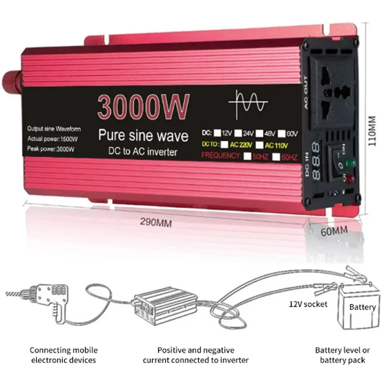 12V To 220V/230V 2000W Solar Inverter LCD Display Dual USB Fast Charging for Phone Laptops Car