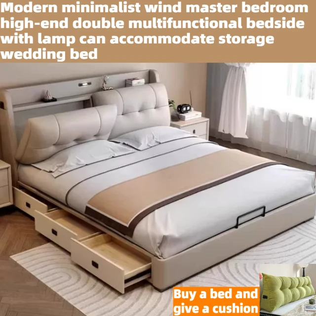 Lit double 200x220cm avec tête de lit lumineuse, cadre de lit et rangement 3 tiroirs, pour chambre parentale, mobilier de luxe haut de gamme pour hôtel 1